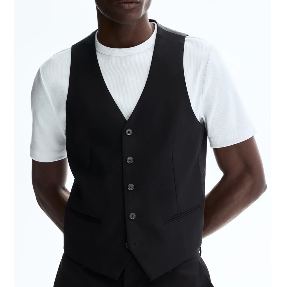 H&M Mens Slim Fit Waistcoat Vest Black Size 42R Formal Suit Vest Cinch Back
